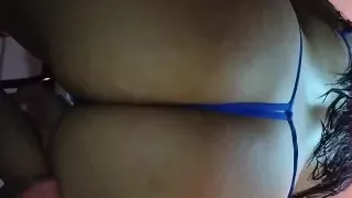 wife dancing and seducing virgin boy with a sexy micro thong and sucking his cock hard before he cums inside her