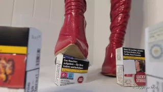 Crushing In Red Overknees On Table