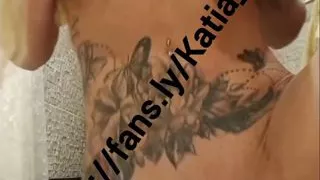 Katia Star skinny fit fake tits blonde bimbo plays with her pussy in the bathroom and cums on dildo