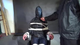 Lady M Bound And Gagged In Rainwear, White Rubberboots And Latexhood
