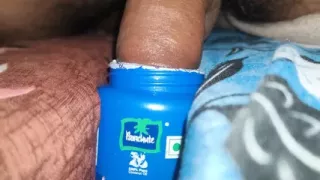 Fucking oil bottle, penis with veins