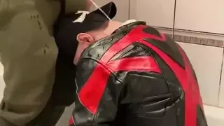 Big Man in Leather Jacket Pissing on Leather Moto Biker