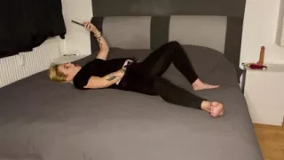 Masturbation while watching porn multiple orgasms Clitoris rubbing fingers wet on bed Solo