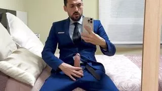 hot daddy in suit jerking off cums like crazy