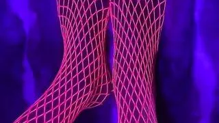 Pink neon fishnet on sexy small Asian feet with long toes