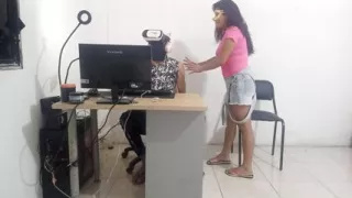 Stepbrother and stepsister fuck intensely while someone is playing next to them on a computer