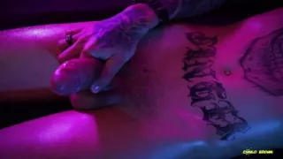 Hot Tattooed Twink Jerking His Big Uncut Cock with Oil and Shooting His Cum