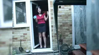 Bare Legged and Dressed MILF Gets Naked While Dominating a Wimpy Nude Guy Who Masturbates for Her