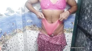 "Bhabhi's sexy bra and panty wearing brother-in-law shakes while bathing in bathroom - Hot Desi Crossdressing Masturbation"