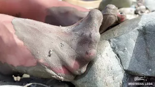 Goddess Shows You Her Messy Nylon Feet Close Ups in Torn Pantyhose on the River Bank