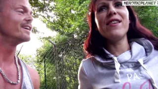 Woman and two guys have sex outdoor and parking lot