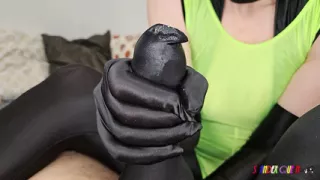 SpandexQueen comes hard in her black spandex suit + neon body and jerks him off in his cock sheath