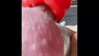 Long milking machine blowjob with a lot of cum