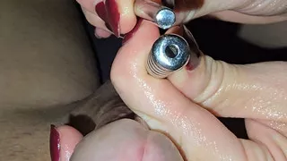 I use different sounds on his big hard cock until he sprays me with cum