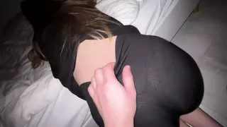 A charming ????virgin is wearing black leggings for her stepbrothers to cum fast