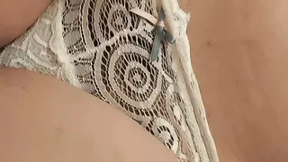 She strips naked to touch her tits and her hairy hot pussy