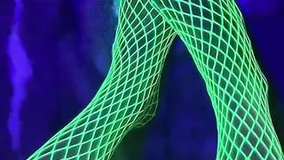 Tiny Asian Feet with Long Toes in Green Neon Fishnet