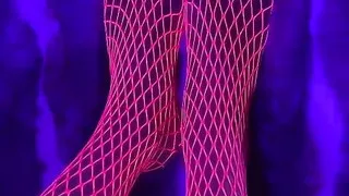 Pink Neon Fishnet on Sexy Small Asian Feet with Long Toes
