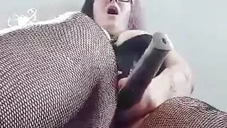 Goth BBW vibing clit with massive vibrating wand