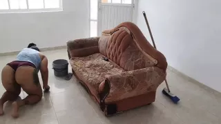 Hot chubby girl masturbates with the furniture while cleaning the house