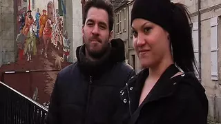 Nasty French girl gets fucked hard in a public threesome