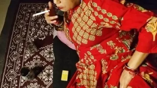 Sexy lady enjoy your smoking cigarette Play her sexual part of body