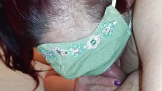 wearing the mask in the wrong way, blowjob with cum in her mouth and swallowing everything