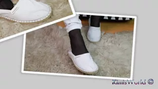 White Jeans, Black Reinforced Toe Stockings & White Espadrilles - Shoeplay & Dangling