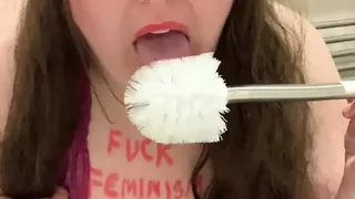 Ex Feminist slut brushing teeth with toilet brush humiliation