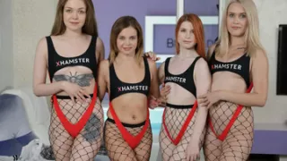 Horny chicks Una Fairy, Eva Barbie, Bella Grey and Aliska Dark have group sex pool party and fuck huge dick