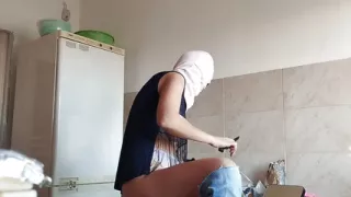 Hairy Brunette Pussy, Big Tits, Sensual Hairy Woman in Kitchen.