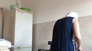 Hairy Brunette Pussy, Big Tits, Sensual Hairy Woman in Kitchen.