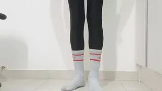 Having fun at home in the morning, wearing a black zentai and socks