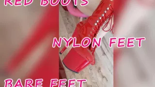 Lady Angela Red Pleaser Boots Nylon Feet and Bare Feet Foot Tattoo Pedicure MILF
