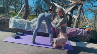 JOI Voyeur Stretching in Yogapants with my tattooed friend Anuskatzz