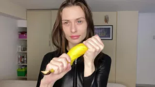 Latex Fetish Tease - Crushing Oiled Banana POV