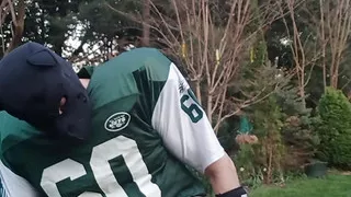 Football jock working out, plugged