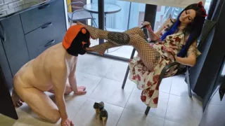 Amazing foot fetish. Slender and long legs in fishnet stockings. Slave worships his Goddess' feet, sniffs and kisses her feet.