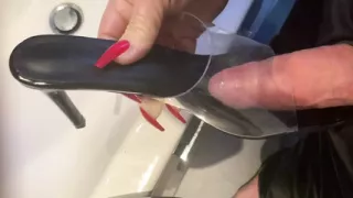 2 Cumshots on clear fetish high heel mules
