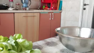 Hot mom prepares food naked in the kitchen. Amateur wife hairy pussy, big tits, big ass.