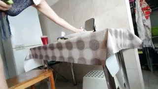 Hairy brunette pussy, big tits, sensual hairy woman in the kitchen.