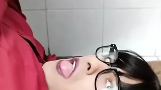 Shemale Secretary Jerks off and finish with a Self Facial cum eating