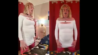 TS Lilly Sophie Plays with Her Big Tits and Hard Girlsdick in Her White Dress and Cums with Masturbator