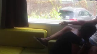 Camping risky public blowjob in front of an open window