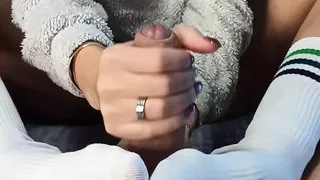 Trying socksjob with new hot white long socks