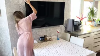 HOT Cleaning. A Naked Cute Brunette in a Transparent Dress Rubs Down the TV ✨ Amy Haze