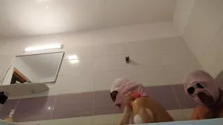 Amateur couple takes a bath, wife with hairy pussy, big ass, big tits.