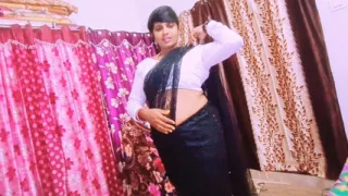 Black saree beautiful sexy housewife unfortunately fucking husband's father Telugu dirty talks.