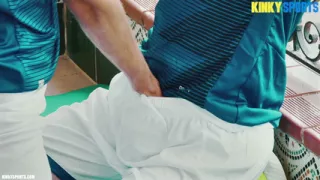 Young stud with a monstrous XXL cock dominates his submissive in sportswear.