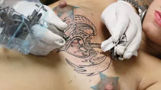 Blonde Preggo Amina Sky Chest Tattoo Session - AltErotic